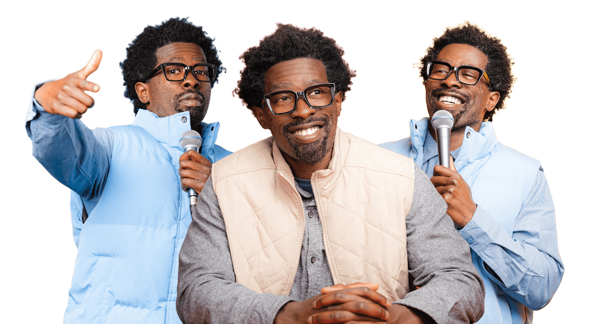 Three poses of Stroy Moyd with a microphone, in a blue vest and a cream vest.